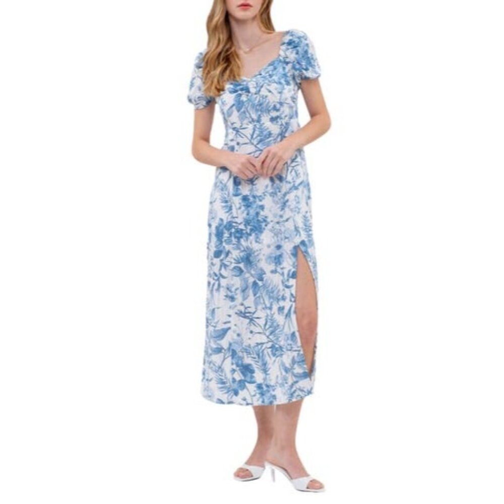 ZOE & CLAIRE Floral Puff Sleeve Front Slit Midi Dress size L